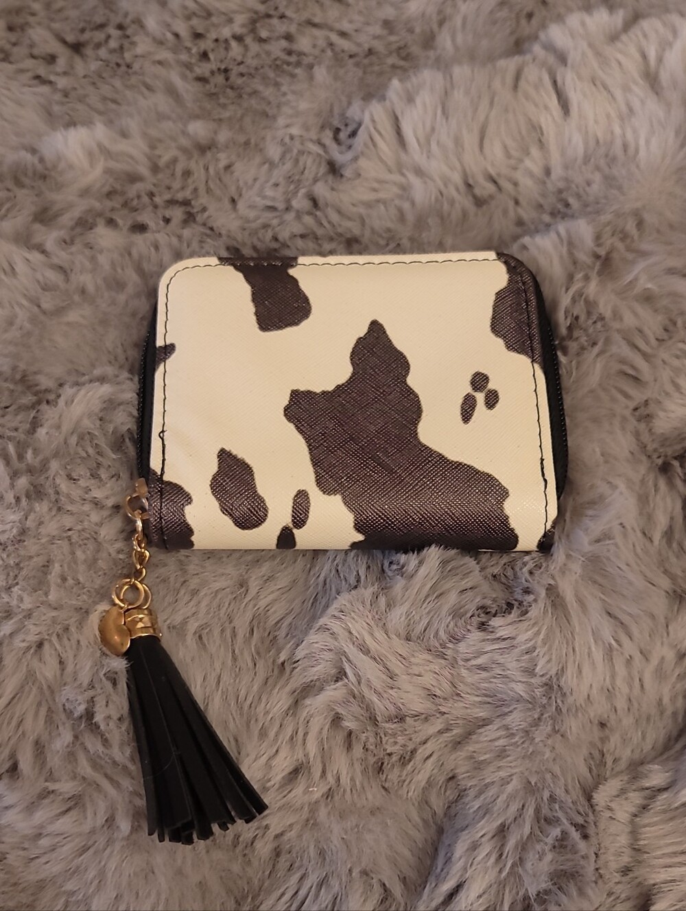 Cow Print Zip Card Holder with Tassel - Black and White